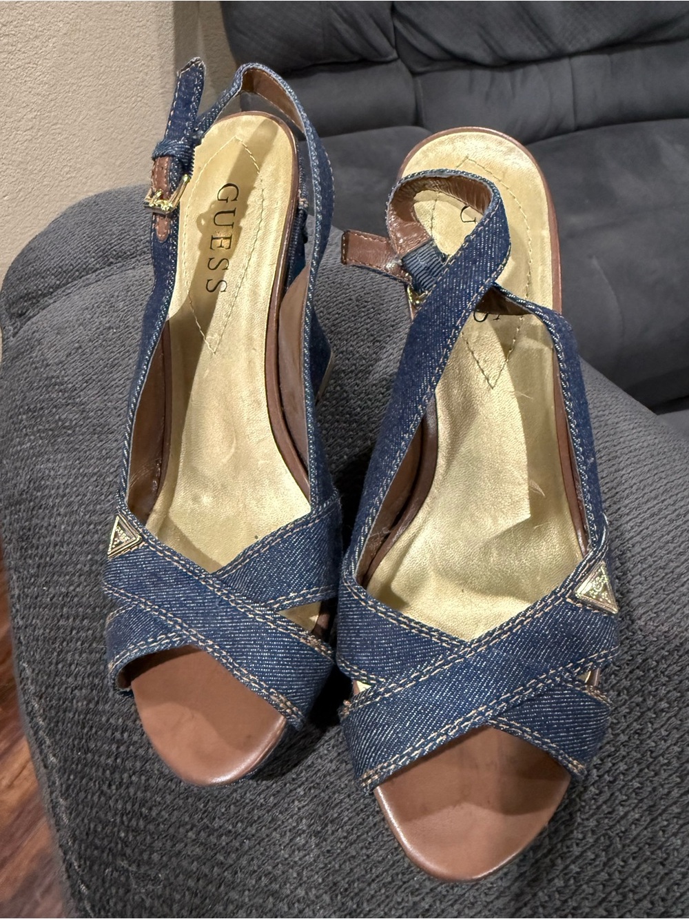 GUESS Denim Blue Crisscross Slingback Wedge Sandals with Brown Accents
